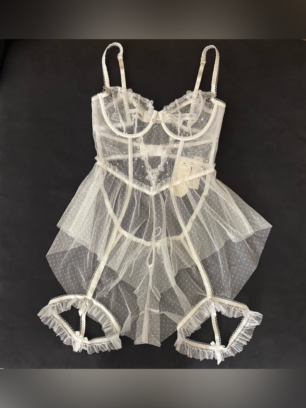 New For love & lemon Sheer bow polkadot mesh lingerie romper garter set Sz M